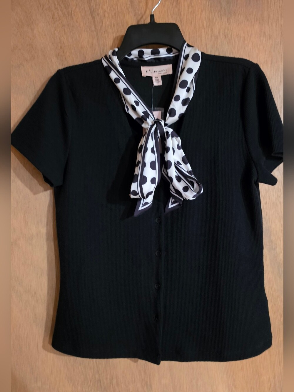 Philosophy Black Button Front Top with Polka Dot Neck Scarf Med New - Picture 4 of 11